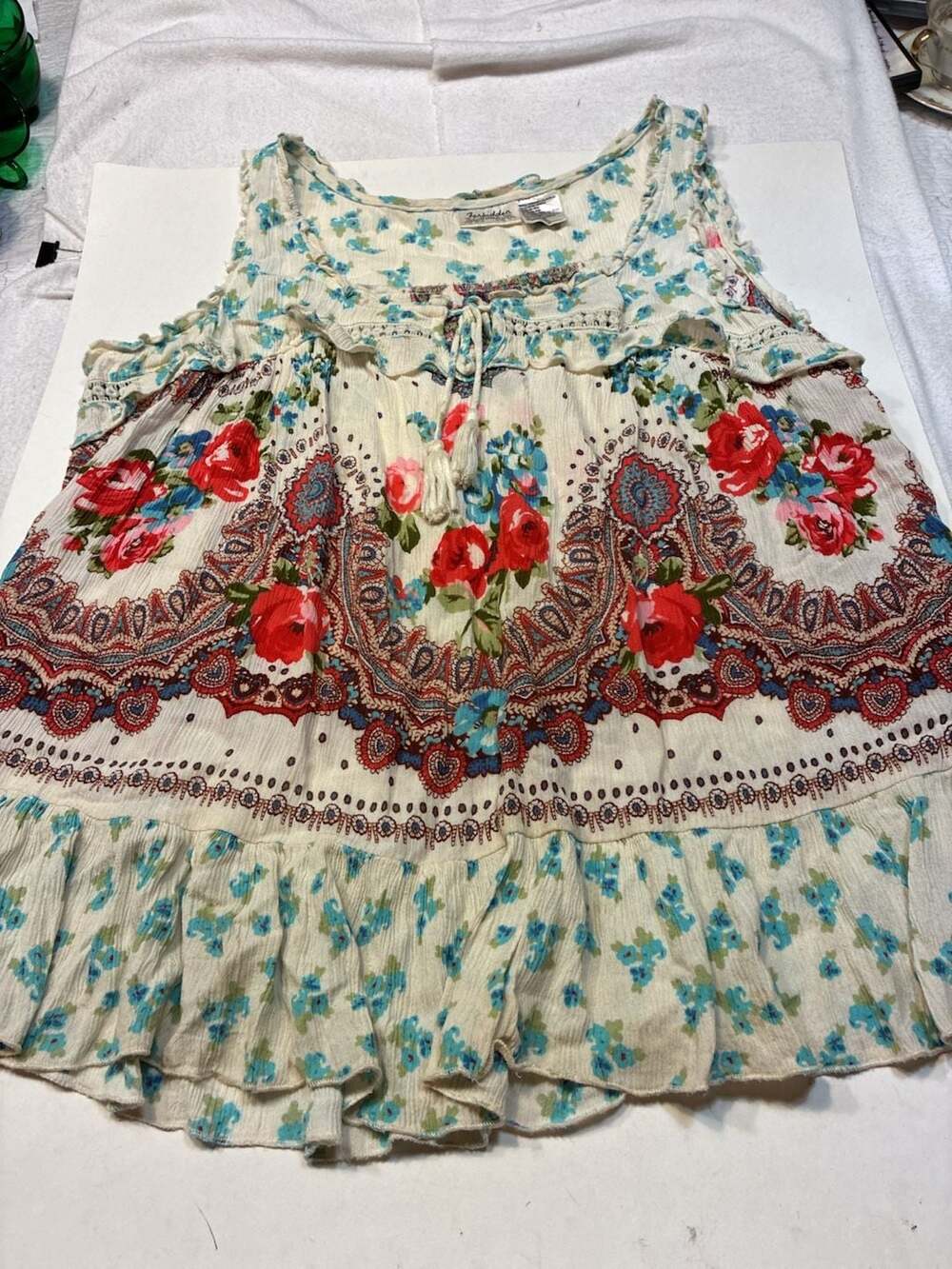 Forbidden Los Angeles Bohemian Floral Print Sleeveless Ruffled Tank Top